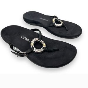 Vionic Ricci black leather jewel embellished flip flop toe post comfort sandals